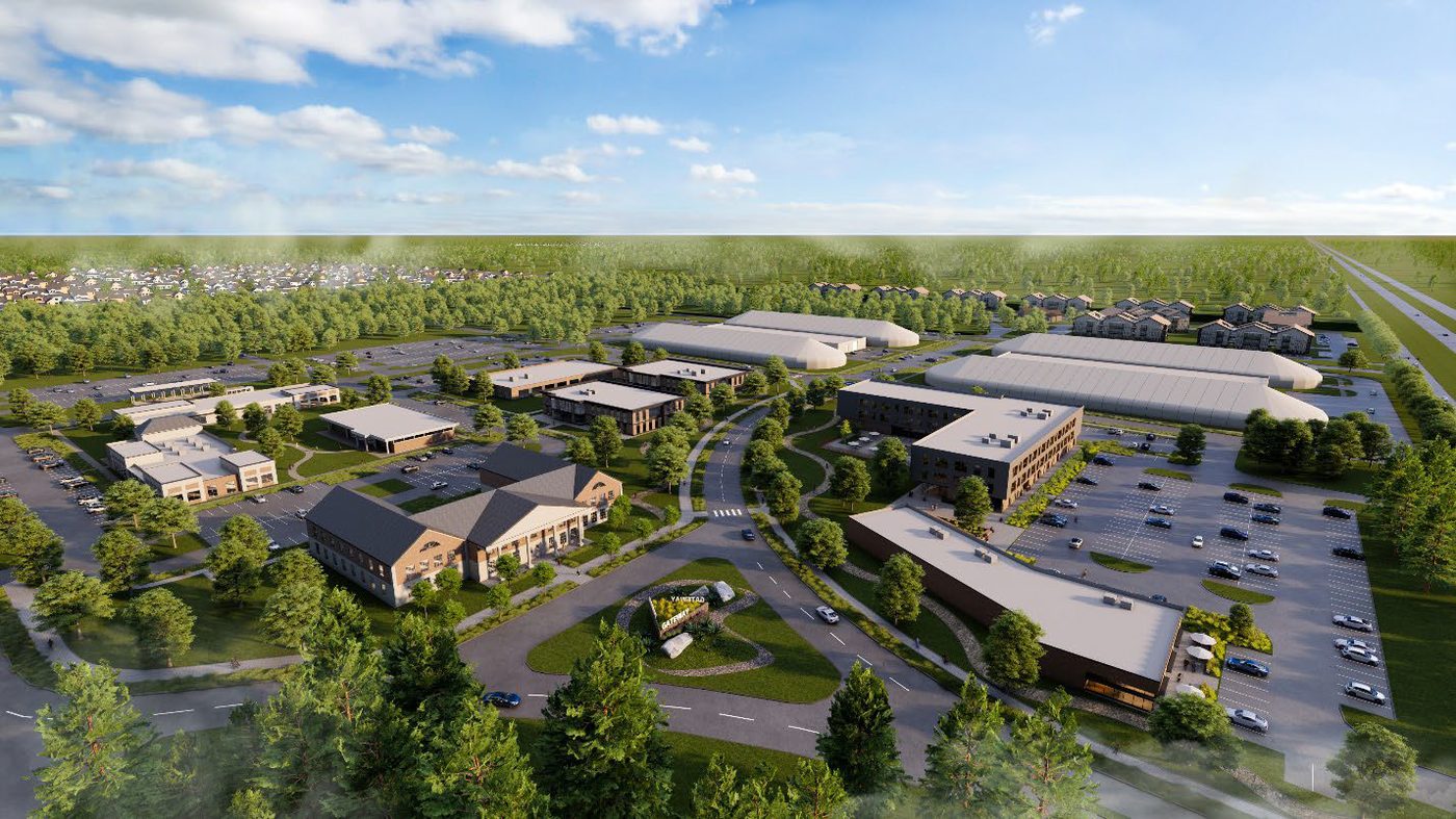 Aerial rendering of the Gateway Initiative mixed-use campus in Baldwin County, showing commercial, medical, hospitality, and residential buildings