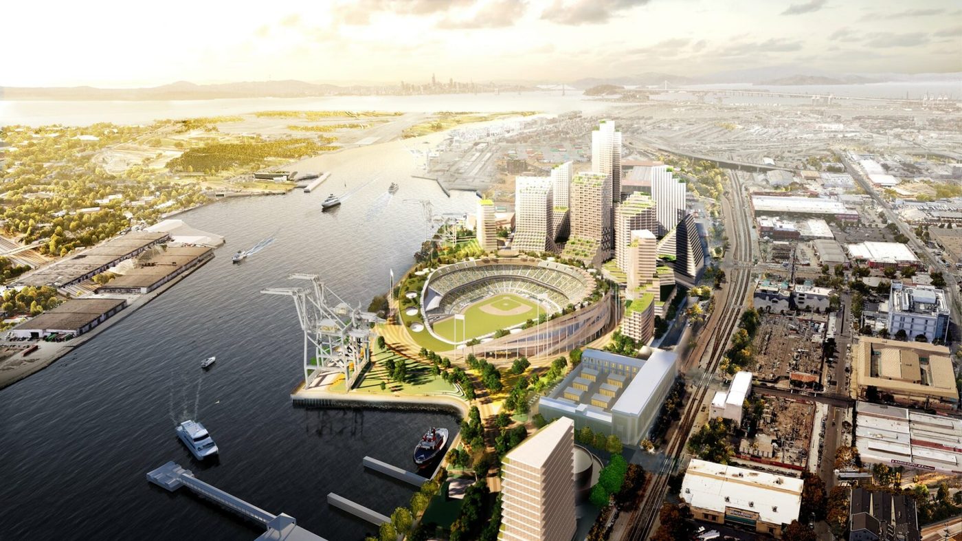 Aerial rendering of the Oakland A's Howard Terminal waterfront district with a ballpark, residential towers, and public spaces along the estuary