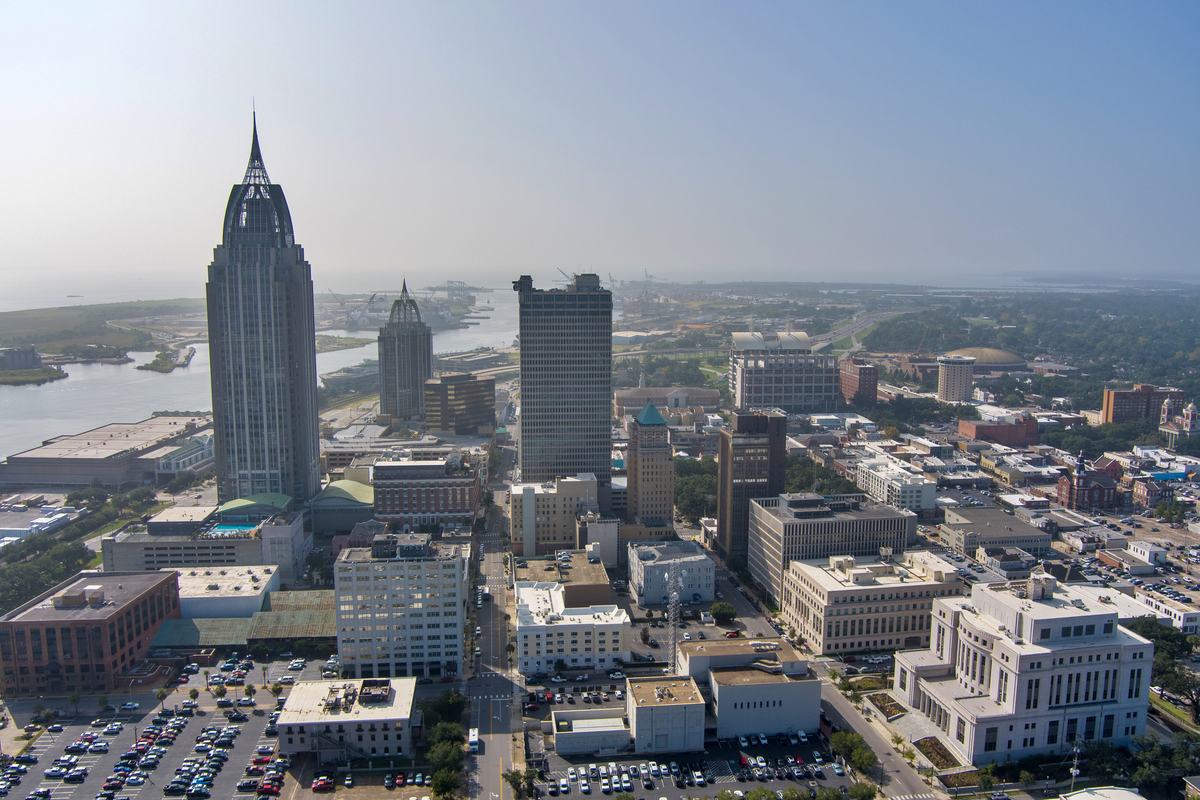Aerial view of the Brookley Aeroplex area in Mobile, Alabama