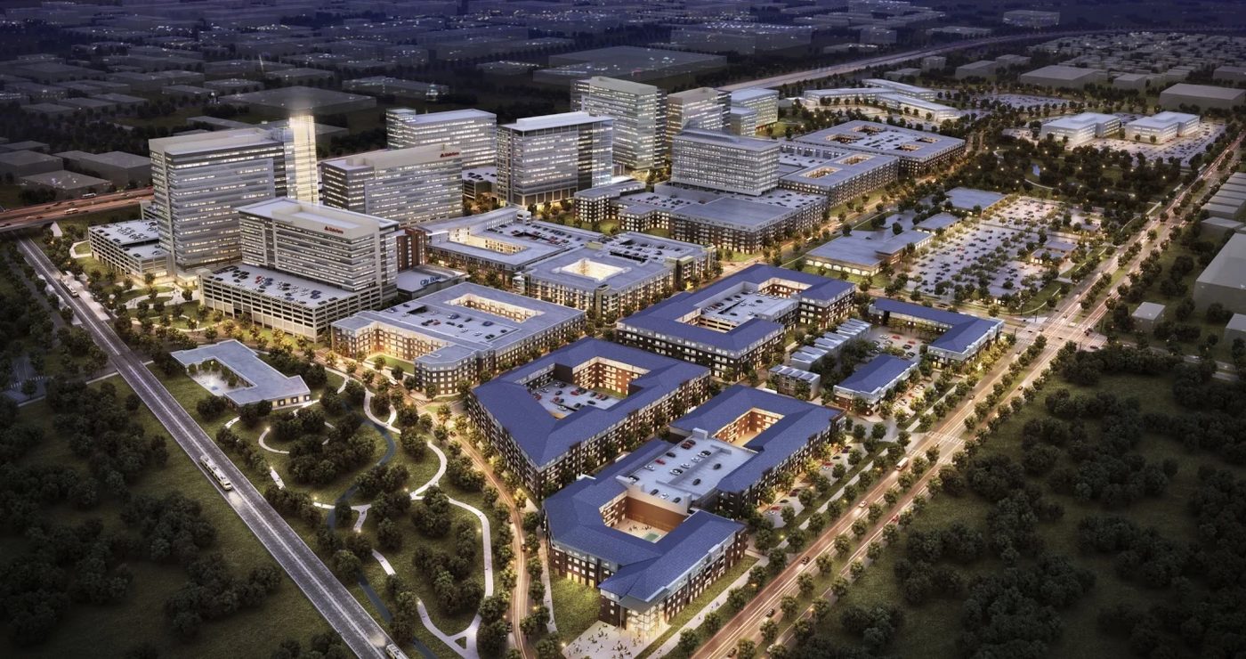 Night aerial rendering of the CityLine mixed-use development in Dallas with office towers, residential blocks, and retail