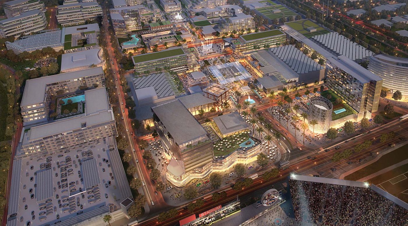 Aerial dusk rendering of the City Place Santa Clara mixed-use district with retail, entertainment, hotel, and residential buildings